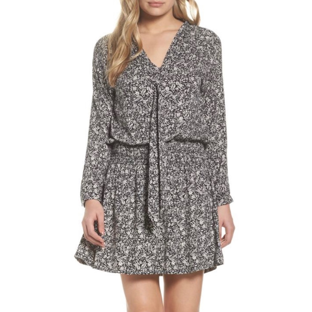 Smocked waste long sleeve dress with tie at top